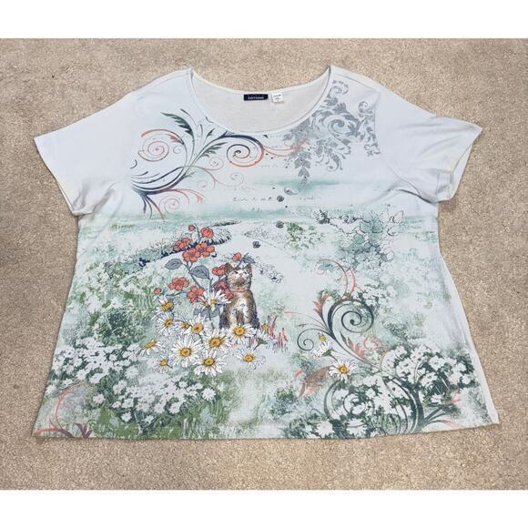 Basic Editions Cat Flowers Field Graphic T-Shirt Size 2X - Picture 1 of 6